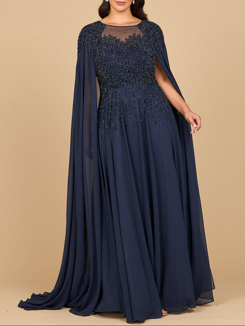 Bella Vista Chiffon A-line Long Gown with Long Cape Sleeves Dress