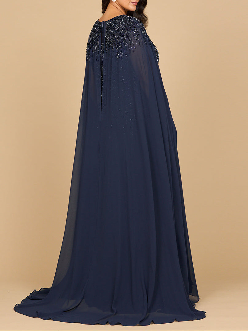 Bella Vista Chiffon A-line Long Gown with Long Cape Sleeves Dress