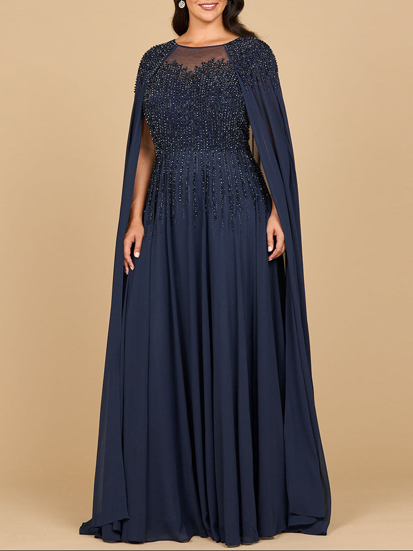 Bella Vista Chiffon A-line Long Gown with Long Cape Sleeves Dress