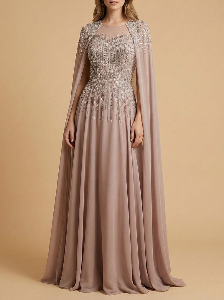 Bella Vista Chiffon A-line Long Gown with Long Cape Sleeves Dress