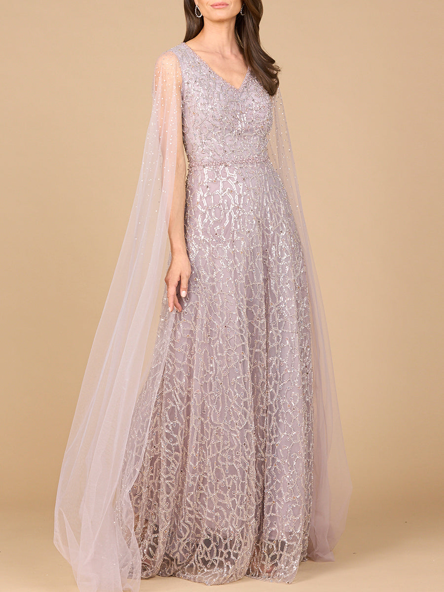 Invivienda Beaded Lace Gown with Cape Sleeves Dress