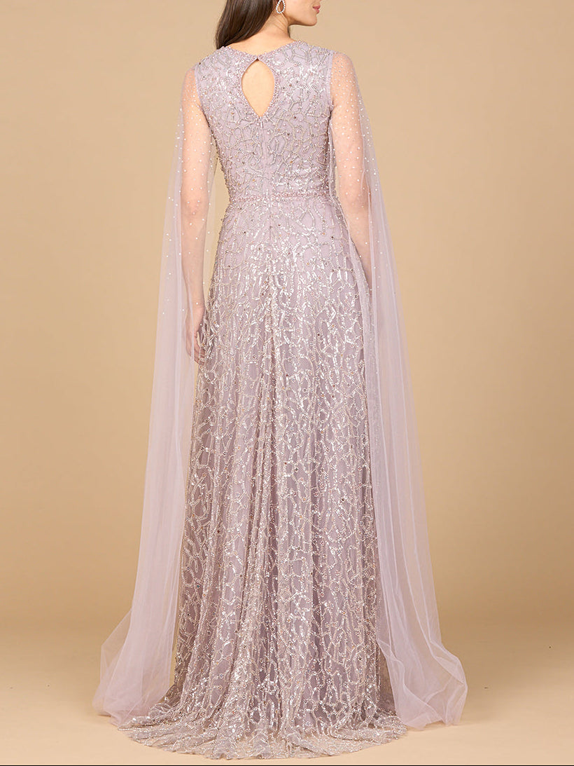 Invivienda Beaded Lace Gown with Cape Sleeves Dress