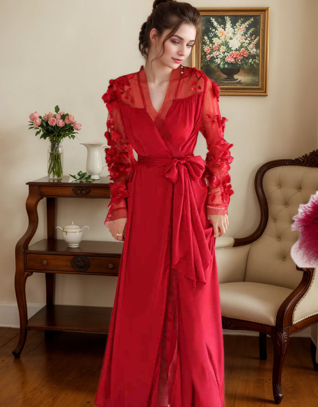 Floral Appliqué Sheer Sleeve Satin Robe – Wine Red or Ivory White