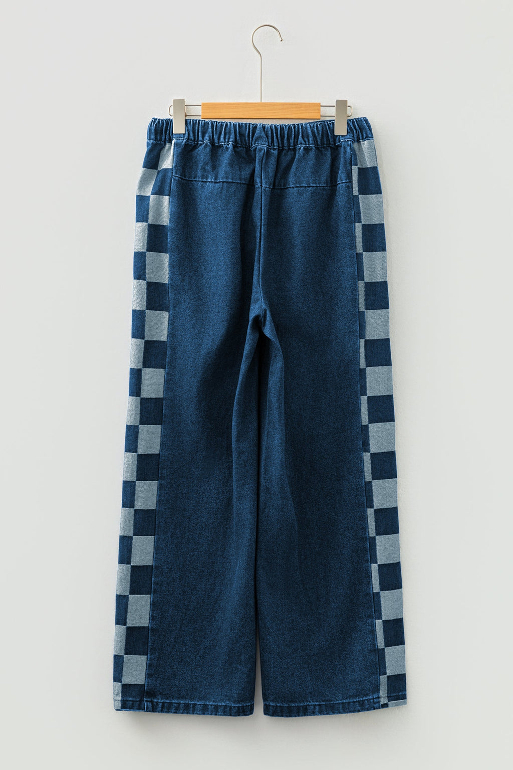 Sail Blue Checkered Side Panel Patchwork Drawstring Loose Denim