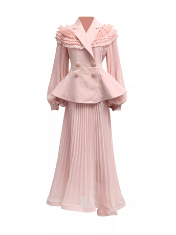 Karina Frill Lapel Collar Pleated Two Piece Sets
