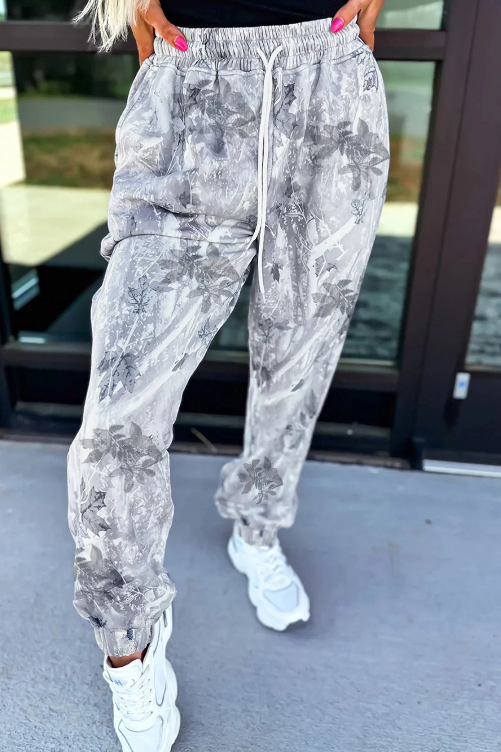 Minie Gray Camo Print Cozy Drawstring Elastic Waist Jogger Pants