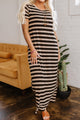 Zaidy Black Stripe Casual Round Neck T-shirt Maxi Dress with Pockets