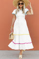 Londra White Colorblock Rickrack Trim Short Sleeve Drawstring Waist Long Dress
