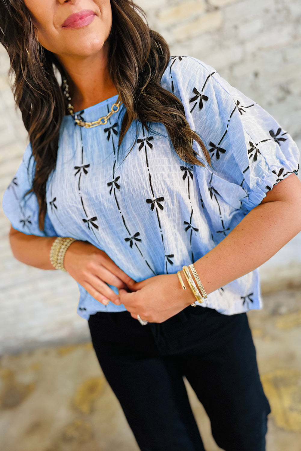 Bow Print Puff  Sleeve