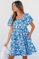 Bowly Blue Floral Puff Sleeve Babydoll Mini Dress