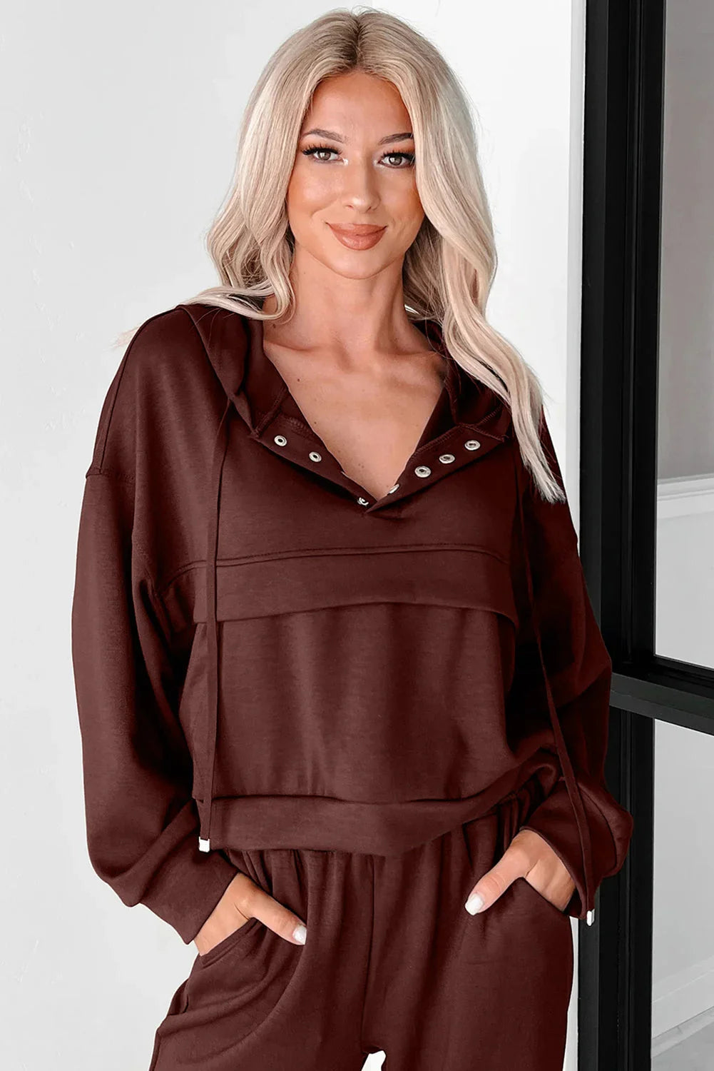 Chicory Coffee Button Drawstring Cropped Hoodie Jogger Set