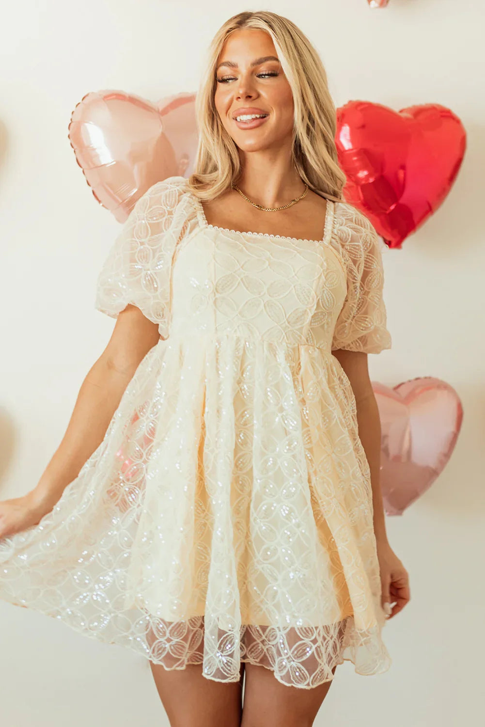 Tribeca Apricot Sequined Lace Mesh Bubble Sleeve Square Neck Dress