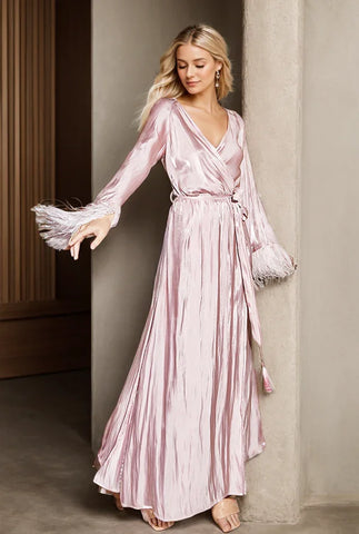 Luxury Feather-Trimmed Satin Robe – Full-Length Lounge & Bridal Wear