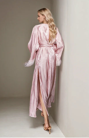 Luxury Feather-Trimmed Satin Robe – Full-Length Lounge & Bridal Wear