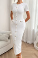 Lovely White Button Decor Fake Pocket Short Sleeve Textured Knit Bodycon Midi Dress