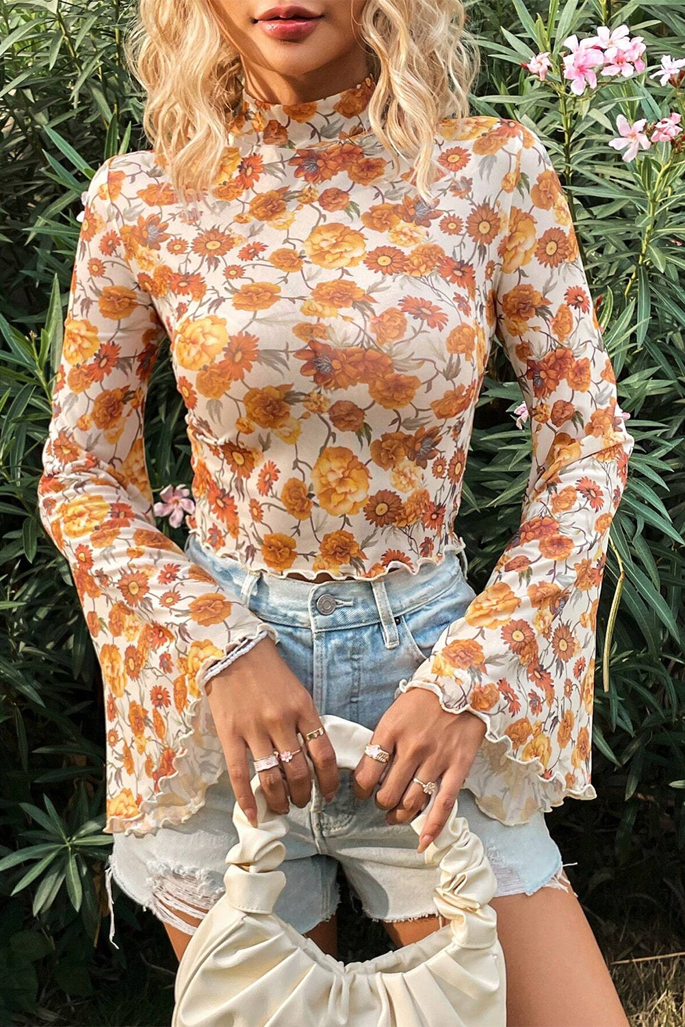 Floral  Sleeve Mock Neck  Trim