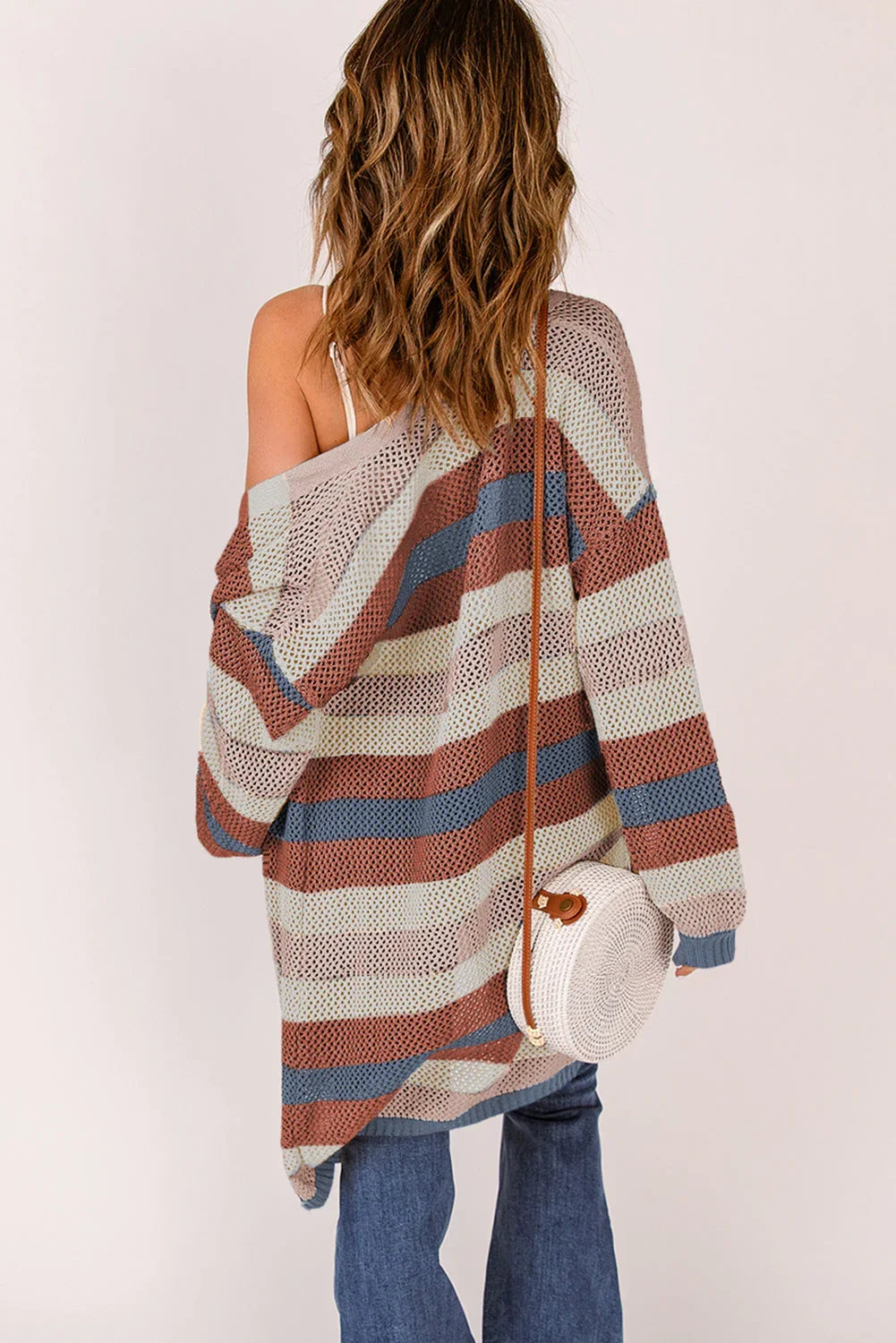 Dark Blue Color Block Striped Cut Out Knit Cardigan