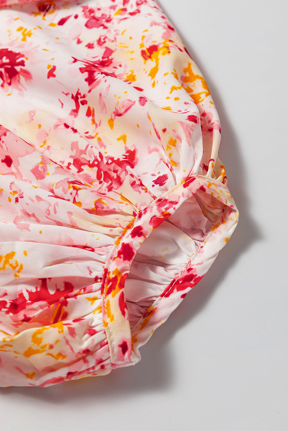 Pink Floral Bubble Sleeve V Neck Blouse