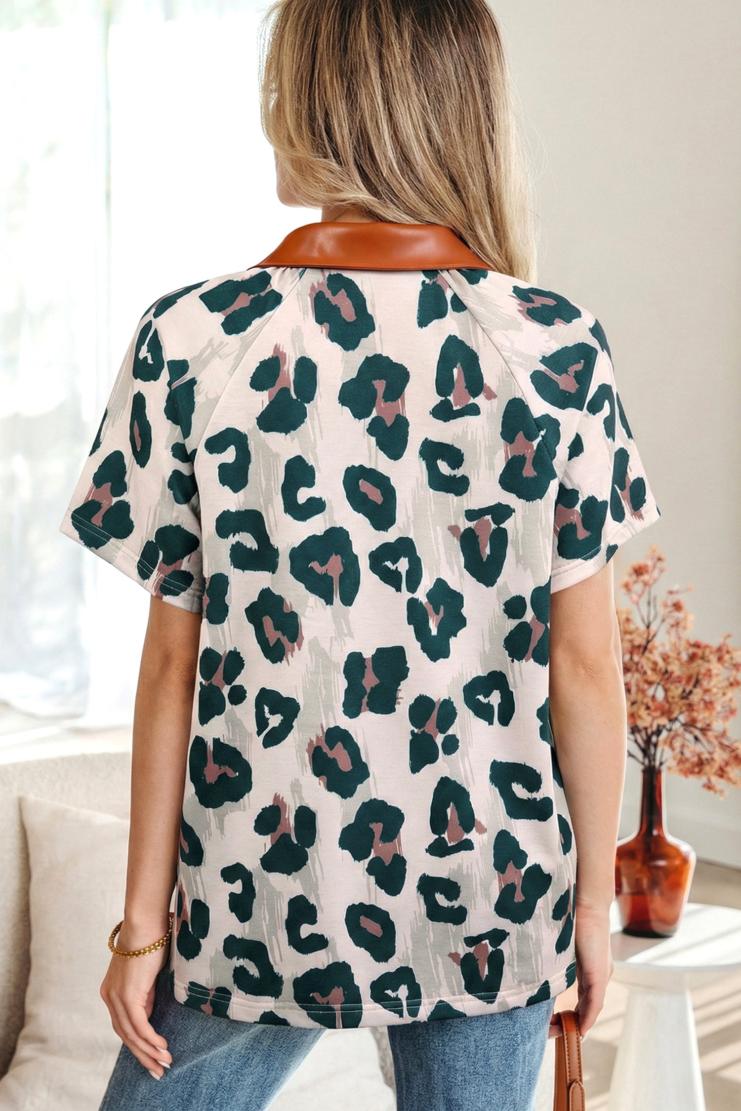 Casual Leopard Print contrast Collared  Sleeve
