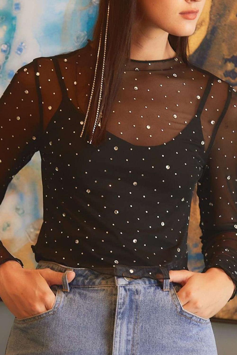 Rhinestone Sheer Slim Fit Long