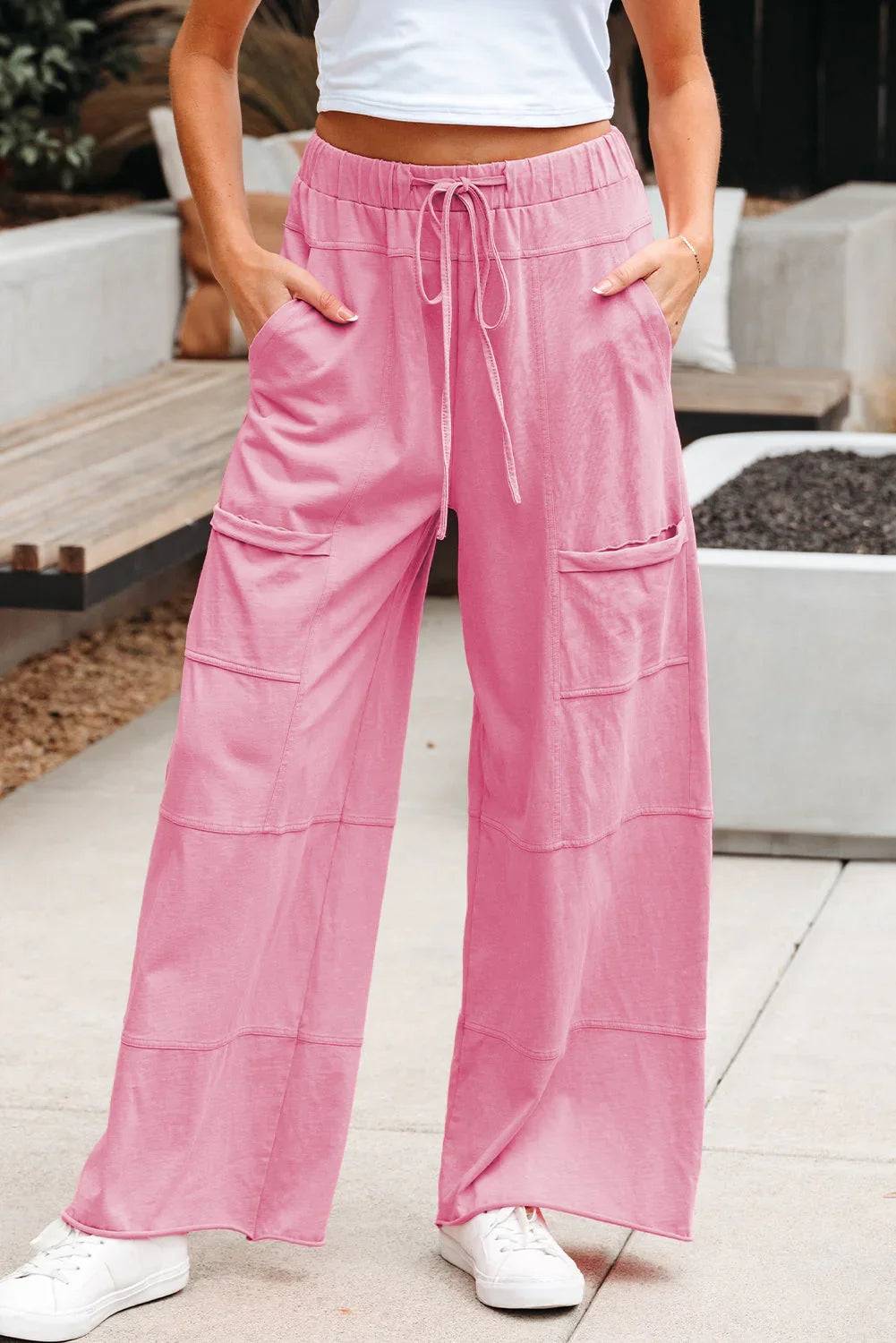 Mineral Wash Reverse Seam Drawstring Elastic Waist Pants