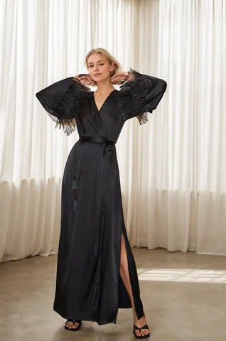 Luxury Feather-Trimmed Satin Robe – Full-Length Lounge & Bridal Wear