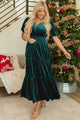 Nathana Evergreen Velvet Short Sleeve Shirred Waist Tiered Maxi Dress