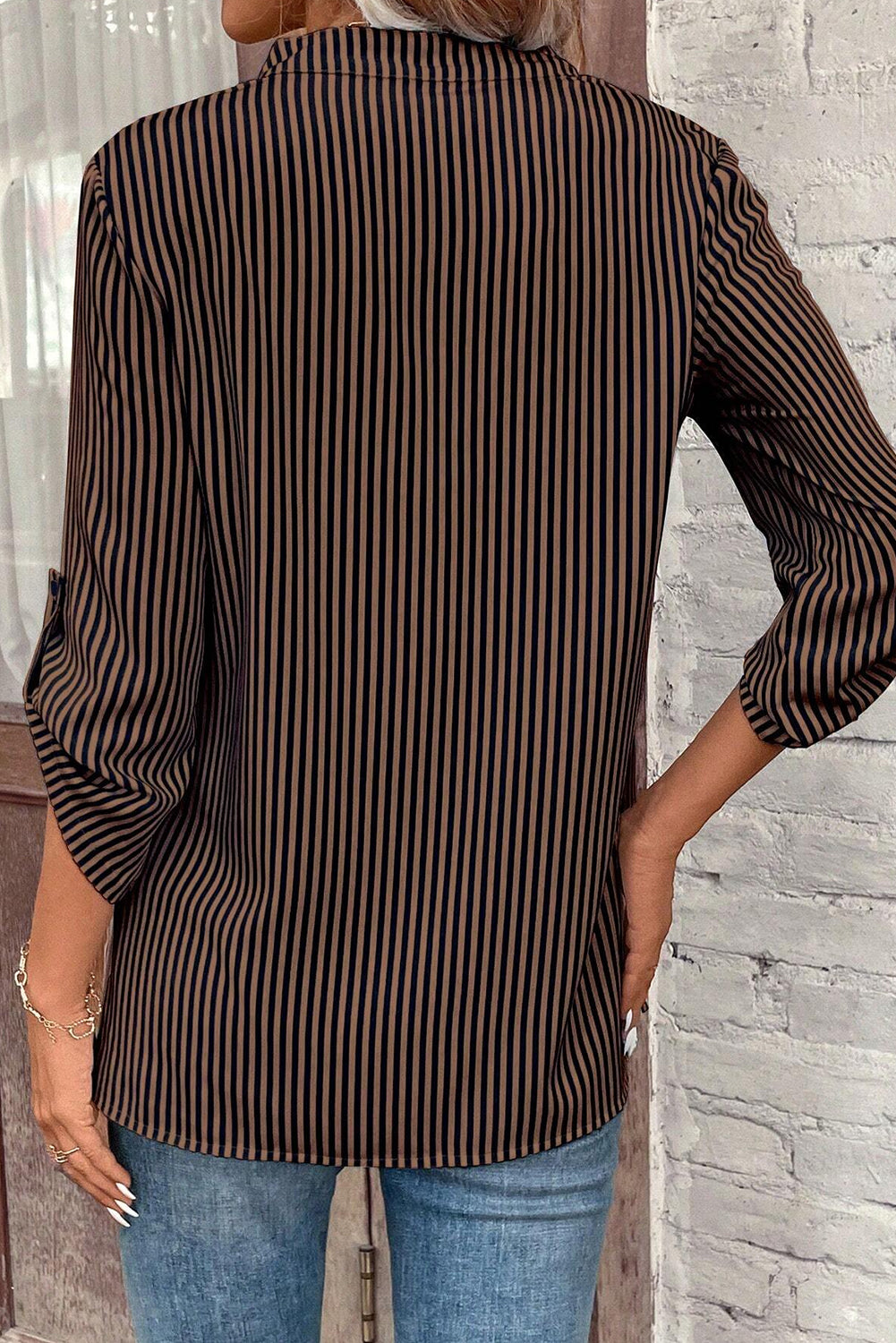Brown Stripe V Neck Roll Up Sleeve Pocket Classic