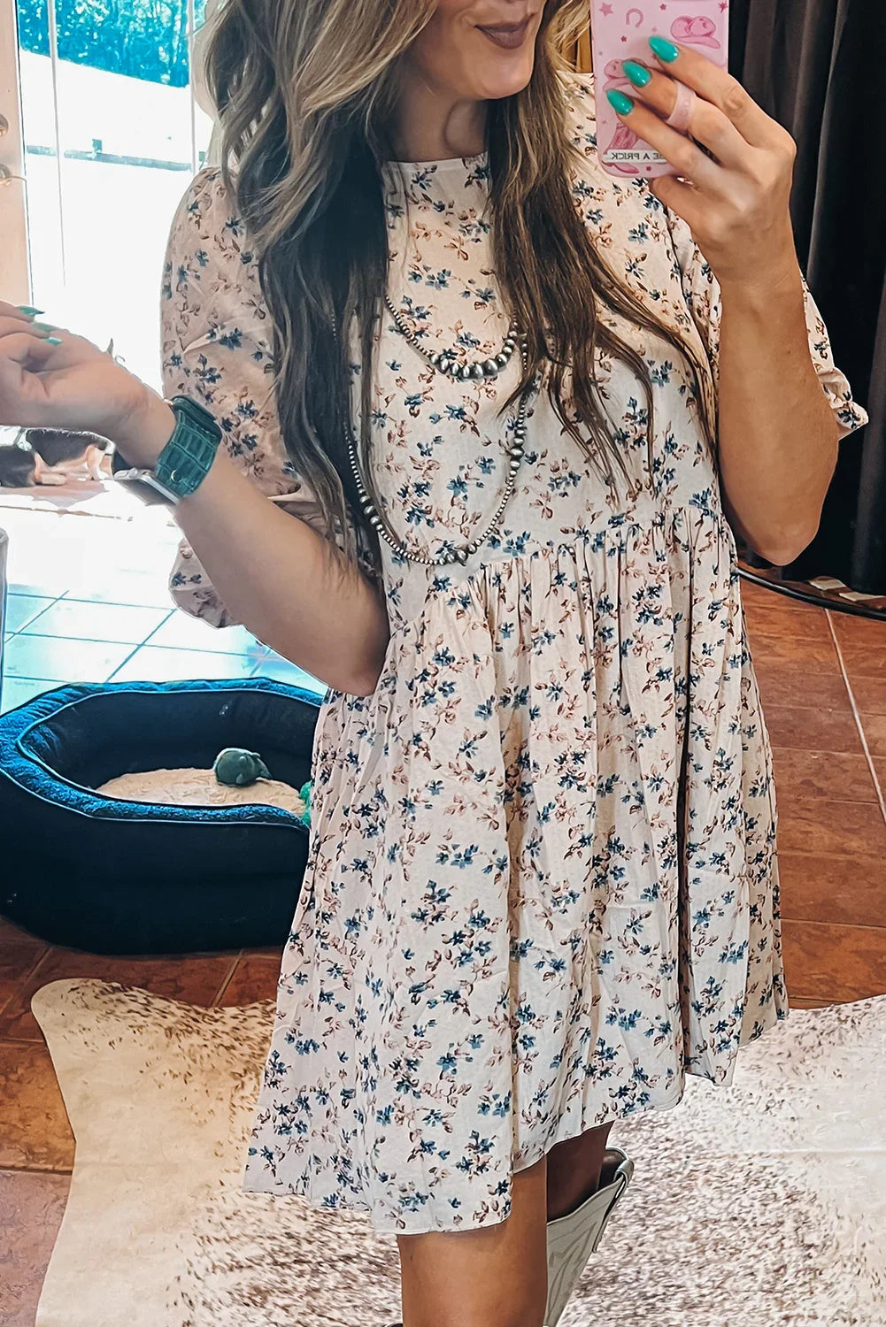 Marquees Beige Floral Puff Short Sleeve Empire Waist Mini Dress