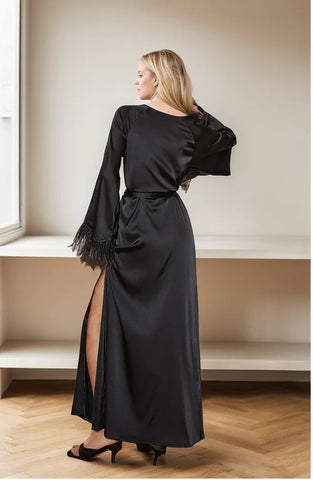 Luxury Feather-Trimmed Satin Robe – Full-Length Lounge & Bridal Wear