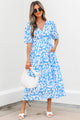 Midtown Girl Sky Blue Floral V Neck Puff Short Sleeve Flowy Long Dress