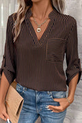 Brown Stripe V Neck Roll Up Sleeve Pocket Classic