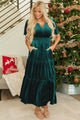 Nathana Evergreen Velvet Short Sleeve Shirred Waist Tiered Maxi Dress