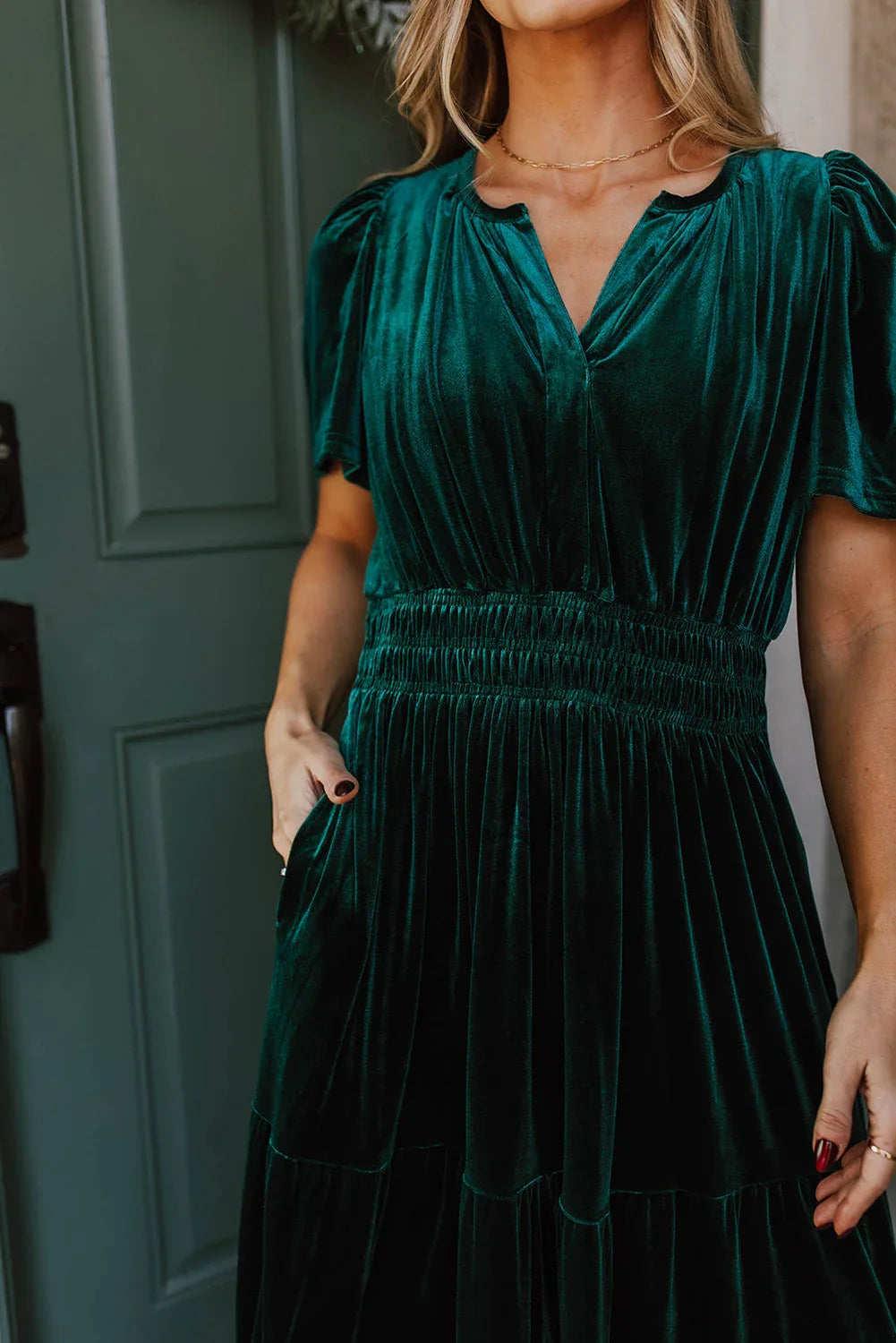 Nathana Evergreen Velvet Short Sleeve Shirred Waist Tiered Maxi Dress