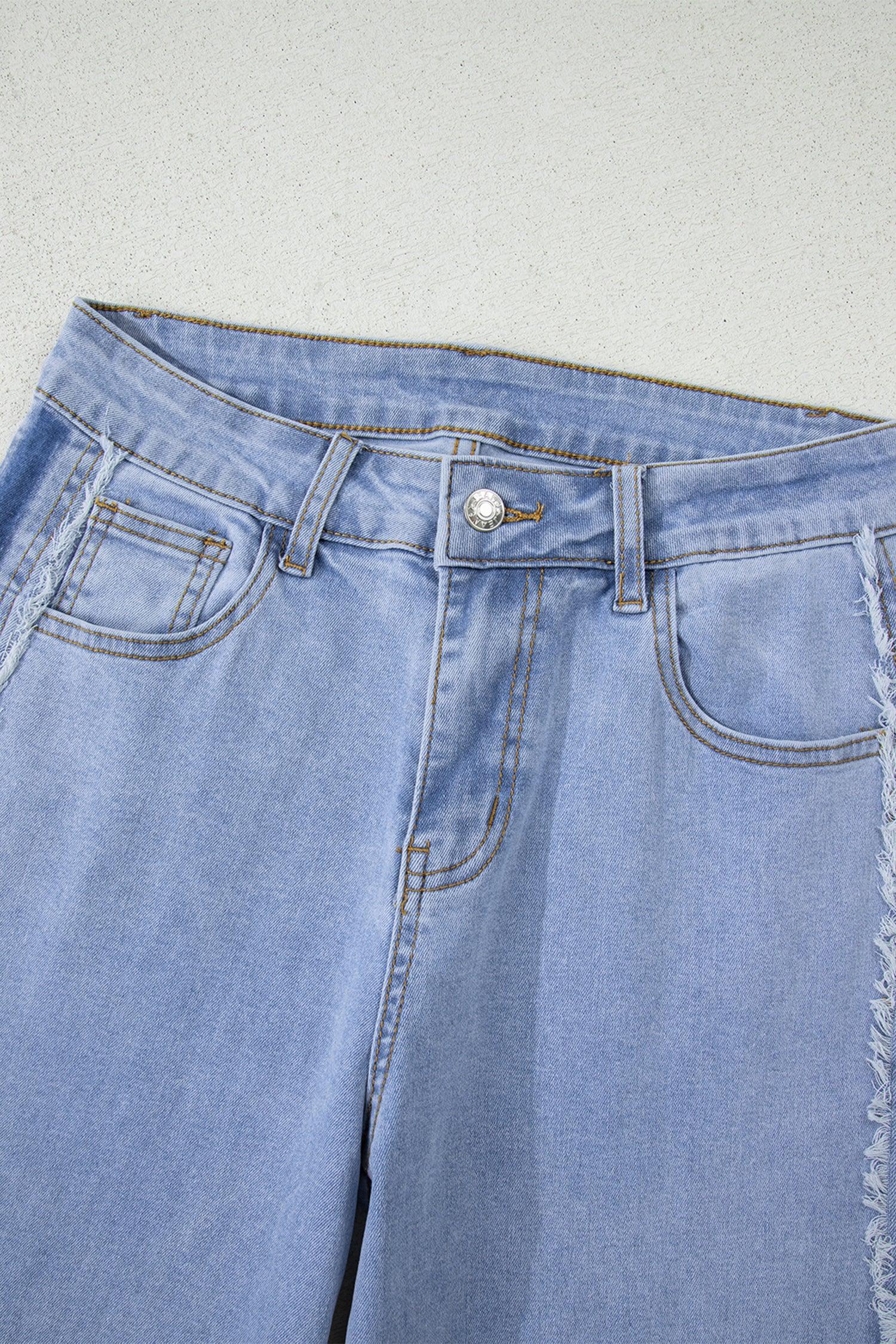 Charlie Beau Blue Contrast Stripe Frayed Side Panel Patchwork Shift Jeans