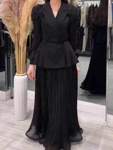 Karina Frill Lapel Collar Pleated Two Piece Sets