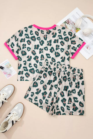 Erika Leopard Print Short Sleeve Two Piece Sets