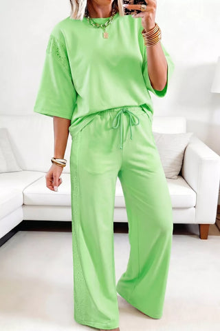 Ana Lace Patchwork Half Sleeve Elastic Waist Two Piece Sets