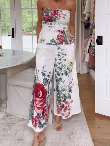 Layla Floral Print Strapless Wide-Leg Two Piece Sets