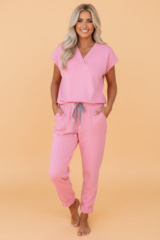 Rita Solid V-Neck Drawstring Two Piece Sets