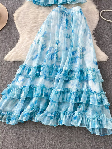 Amelia Floral Print Ruffle Hem Two Piece Sets
