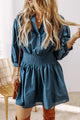 Roddie Prussian Blue 3/4 Sleeve Shirred High Waist Buttoned Mini Dress