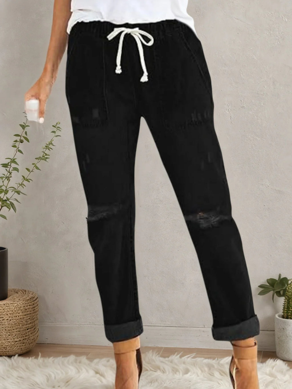 Women’s Distressed Stretch Jeans – Casual Elastic Waist Denim Joggers