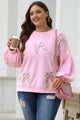 Lian Light Pink Embroidered Bow Lantern Sleeve Oversized Pullover Sweatshirt