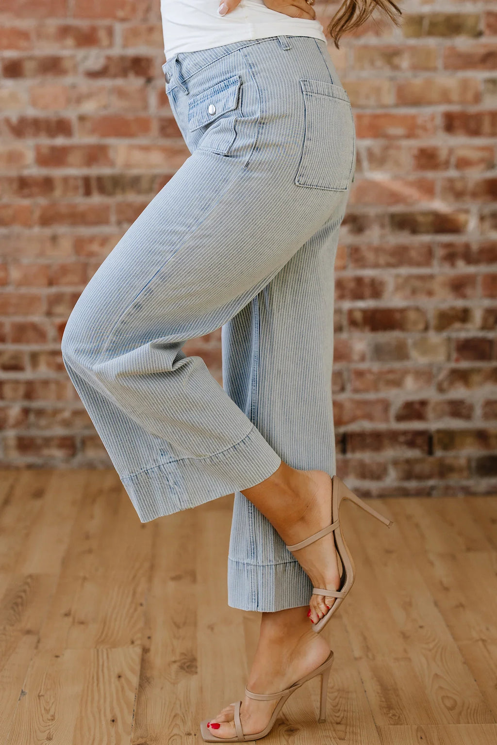 Betsie Sky Blue Stripe Button Flap Pocket Cuffed Hem Wide Leg Jeans