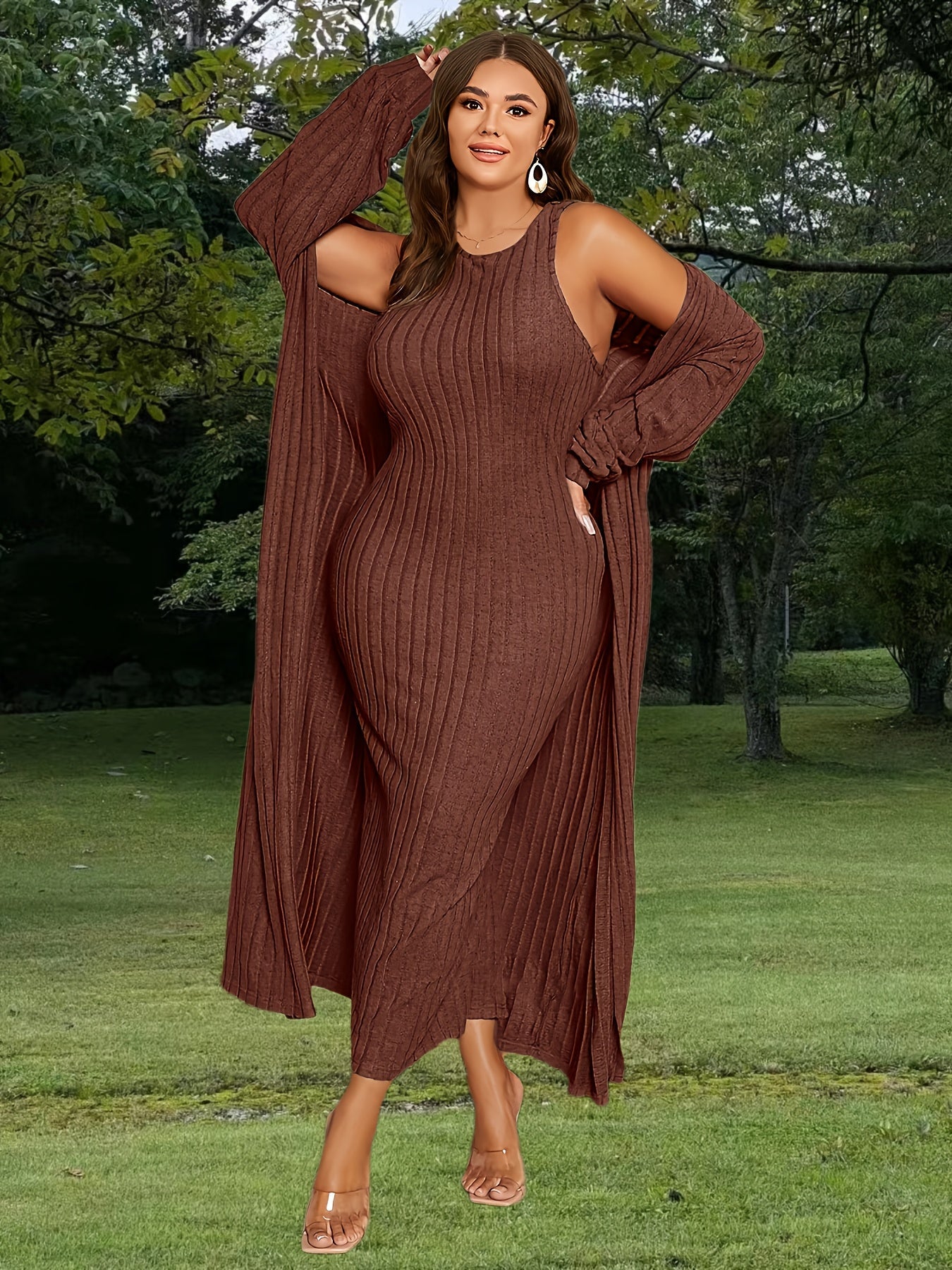 Plus Size Ribbed Cardigan Cap Elegant Two Piece Set