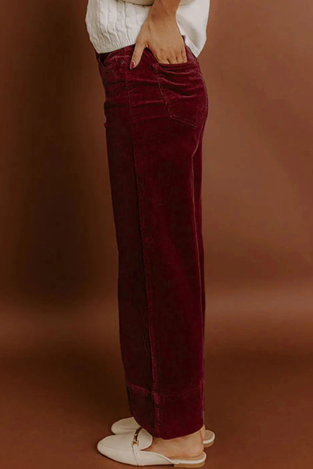 Jady Burgundy Corduroy Solid Color High Waist Wide Leg Pants