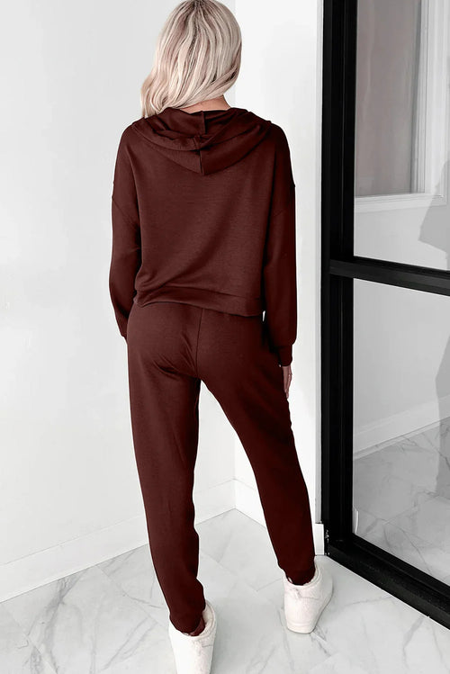 Chicory Coffee Button Drawstring Cropped Hoodie Jogger Set