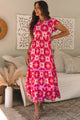 Kathy Strawberry Pink Geo Print V-neck Maxi Dress