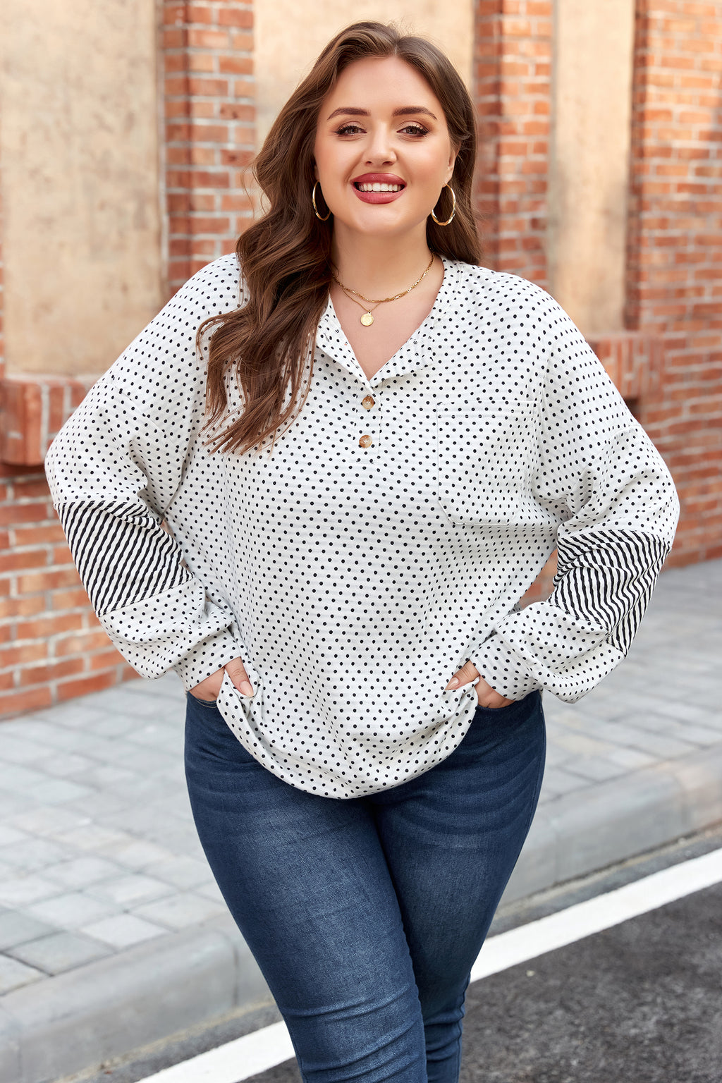 Dot Print Patchwork Sleeve Henley